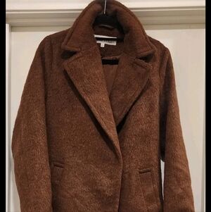 Nine West Long Coat SMALL Fuzzy Teddy Faux Wool Old Money Classic Trench Brown